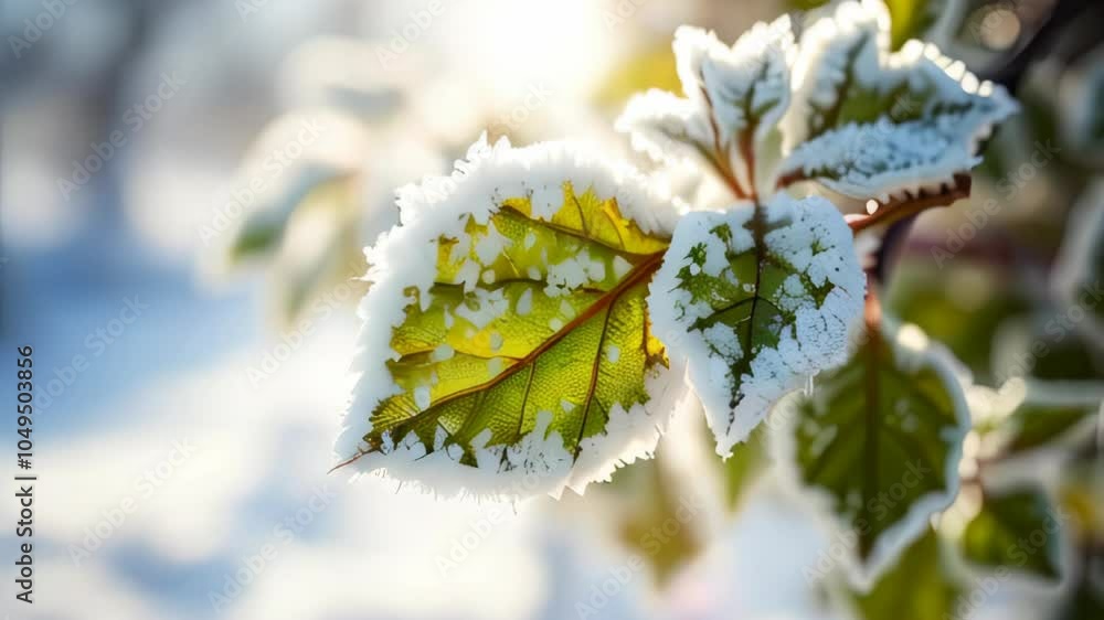 Green and Yellow Frost-Covered Leaves in Winter Sunlight Green and Yellow Frost-Covered Leaves in Winter Sunlight