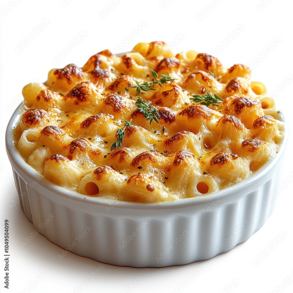 A white bowl of macaroni and cheese with parsley on top. Generative AI A white bowl of macaroni and cheese with parsley on top. Generative AI