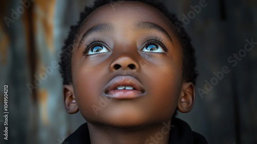 Closeup Portrait of a Young Black Boy Looking Up with Hopeful Eyes