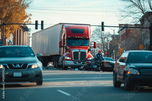 Car accident involving a big rig semi truck with a semi trailer at a city street intersection with traffic lights and rescue services