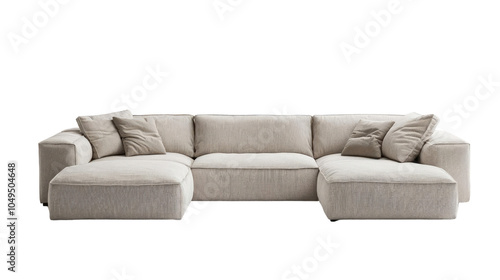 Modern beige sofa with soft cushions on a white isolated background. Transparent Background