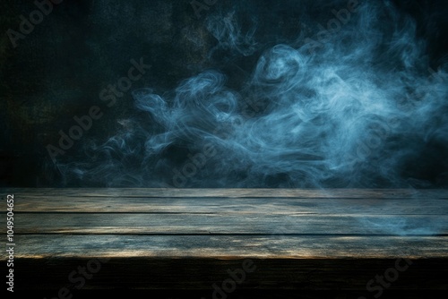 Old wood table top with smoke in the dark background 