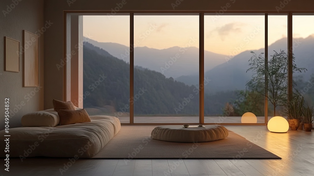 Fototapeta premium A cozy minimalist living room with soft lighting, neutral tones, and big open windows