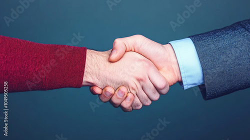 Strong Handshake: Deal Closed. Two hands clasp in a firm handshake, symbolizing trust, partnership, and agreement against a deep teal background. photo