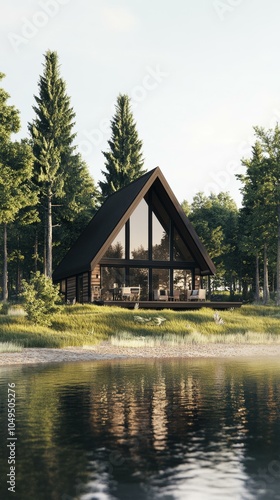 A modern cabin nestled in the woods by a lake. AI.