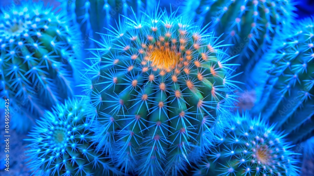 Fototapeta premium Bright Prickly Cactus Blue and orange Top View Close-Up - Vibrant Tropical Background