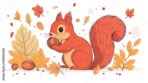 Cute Squirrel Holding Acorn in Autumn Forest Illustration