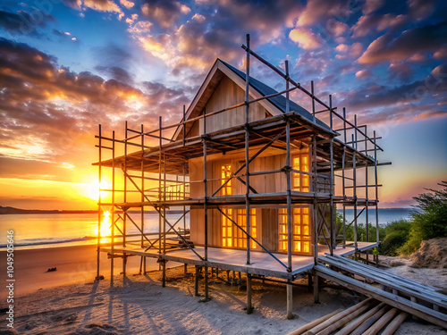  partially built house with scaffolding and wooden frames, set against a sunset wallpaper featuring a serene beach scene, illuminated by soft construction lights at dusk