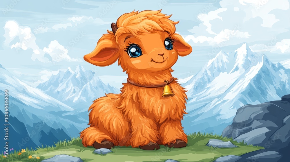 Naklejka premium Cute Cartoon Alpaca in Mountain Landscape