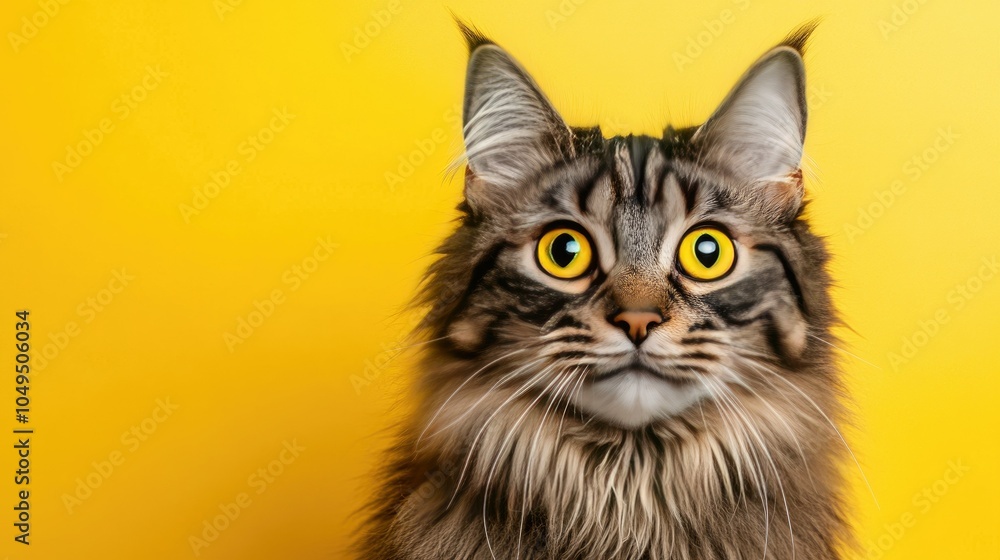 A fluffy cat with bright yellow eyes, exuding joy and curiosity, isolated on a bold yellow background A fluffy cat with bright yellow eyes, exuding joy and curiosity, isolated on a bold yellow background