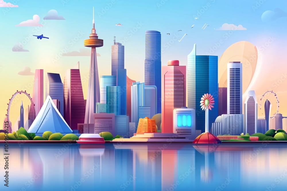 Fototapeta premium Modern City Skyline with Ferris Wheel and Reflection.