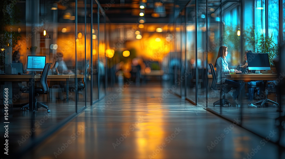 Modern office, long floor to ceiling windows, busy company staff Modern office, long floor to ceiling windows, busy company staff