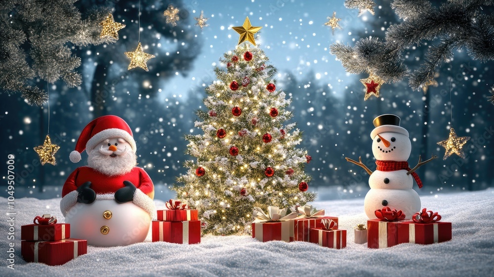 Fototapeta premium Christmas tree and santa Claus and snowman and gifts flat design front view North Pole theme 3D render