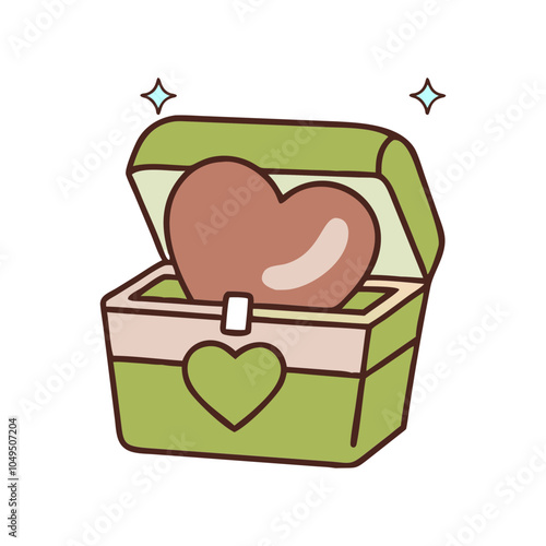 An open green treasure chest with a pink heart inside, two sparkling stars above, and a small green heart on the front. The chest is outlined in black.