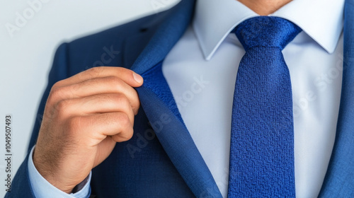 Blue Suit Close Up: A man adjusts his navy blue suit jacket, showcasing the impeccable tailoring and rich fabric. The image exudes confidence and sophistication.