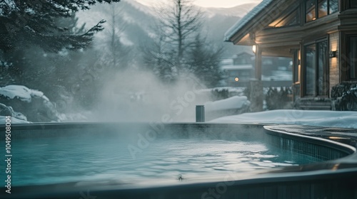 Wallpaper Mural A luxurious hot tub at a winter resort, steaming in the cold air - Torontodigital.ca