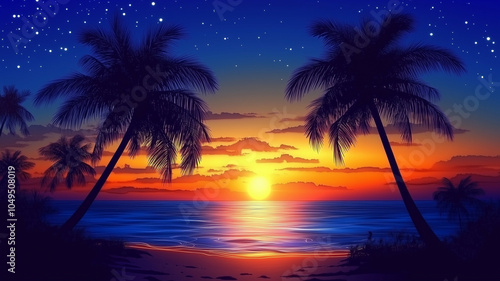 Night view with palm trees on the beach. Trendy and creative summer tropical background