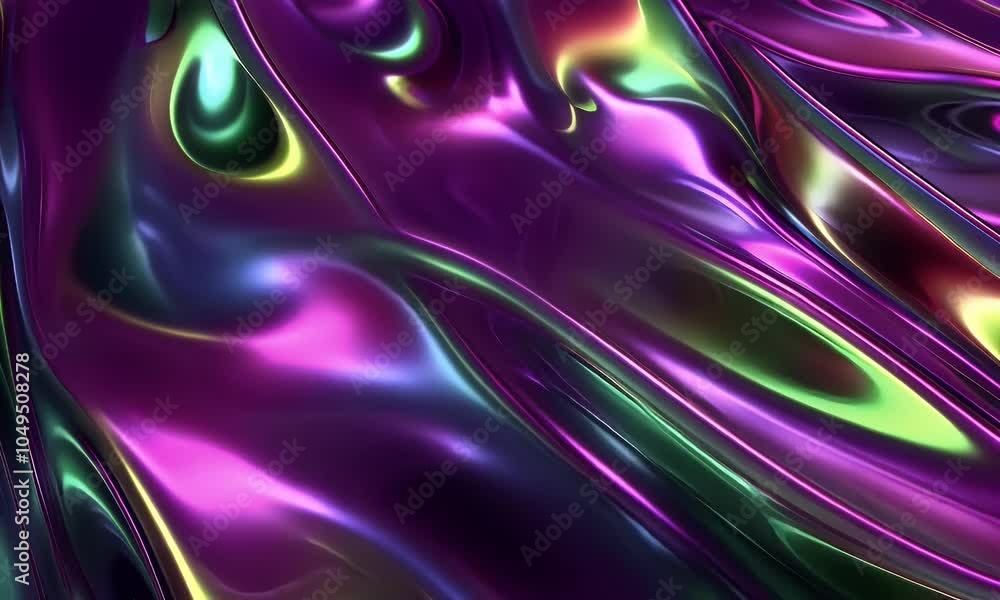 Abstract iridescent background with colorful waves, liquid metal texture, purple and green color theme,