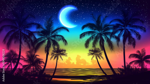 Night view with palm trees on the beach. Trendy and creative summer tropical background