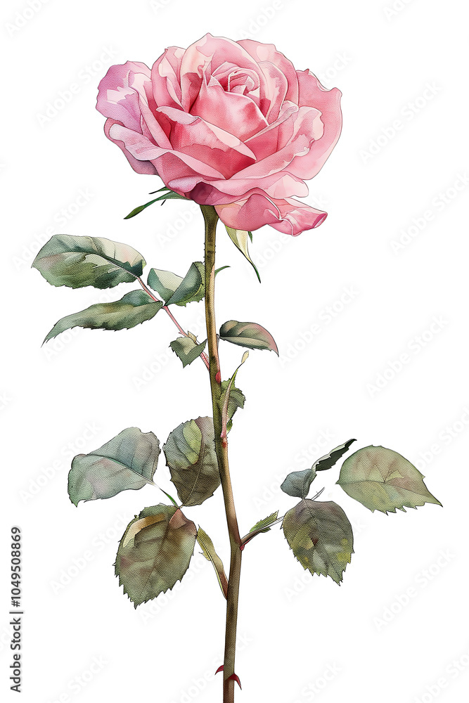 Fototapeta premium delicate pink rose with lush green leaves stands elegantly against black background, showcasing its natural beauty and intricate details