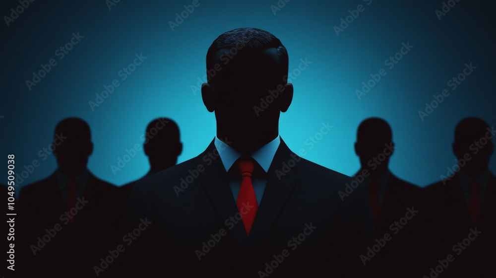 The Silent Leader: A silhouette of a powerful businessman with a red tie stands in front of his team, symbolizing strength, leadership, and unwavering commitment to success. The Silent Leader: A silhouette of a powerful businessman with a red tie stands in front of his team, symbolizing strength, leadership, and unwavering commitment to success.