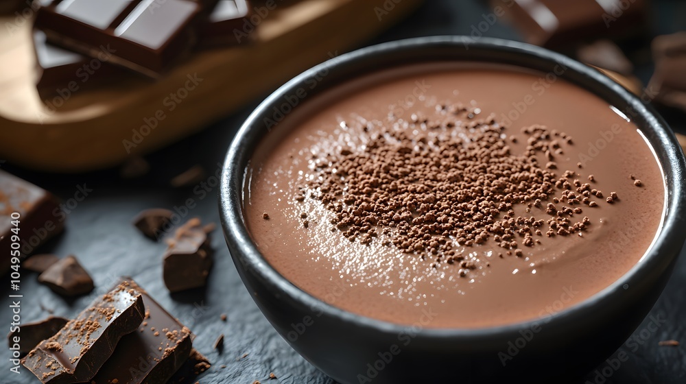 A bowl of rich chocolate drink topped with cocoa powder, surrounded by chocolate pieces. A bowl of rich chocolate drink topped with cocoa powder, surrounded by chocolate pieces.
