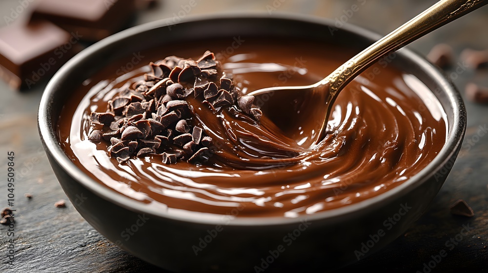A bowl of rich chocolate ganache with chocolate chips and a spoon for stirring. A bowl of rich chocolate ganache with chocolate chips and a spoon for stirring.