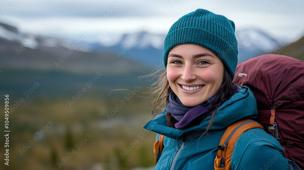 Celebrating National Hiking Day with a smiling hiker in the mountains during autumn Celebrating National Hiking Day with a smiling hiker in the mountains during autumn