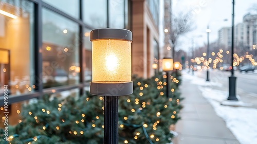 Warm street lights illuminating a winter scene creating a cozy ambiance amidst urban architecture and holiday decor