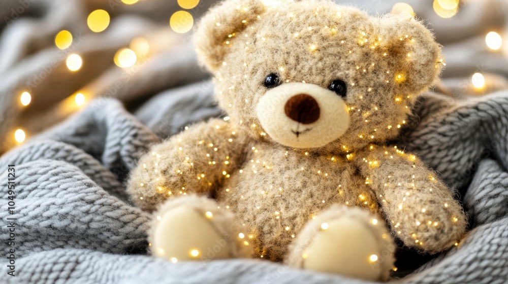 Capture the magical moment with a cozy teddy bear surrounded by twinkling fairy lights Capture the magical moment with a cozy teddy bear surrounded by twinkling fairy lights