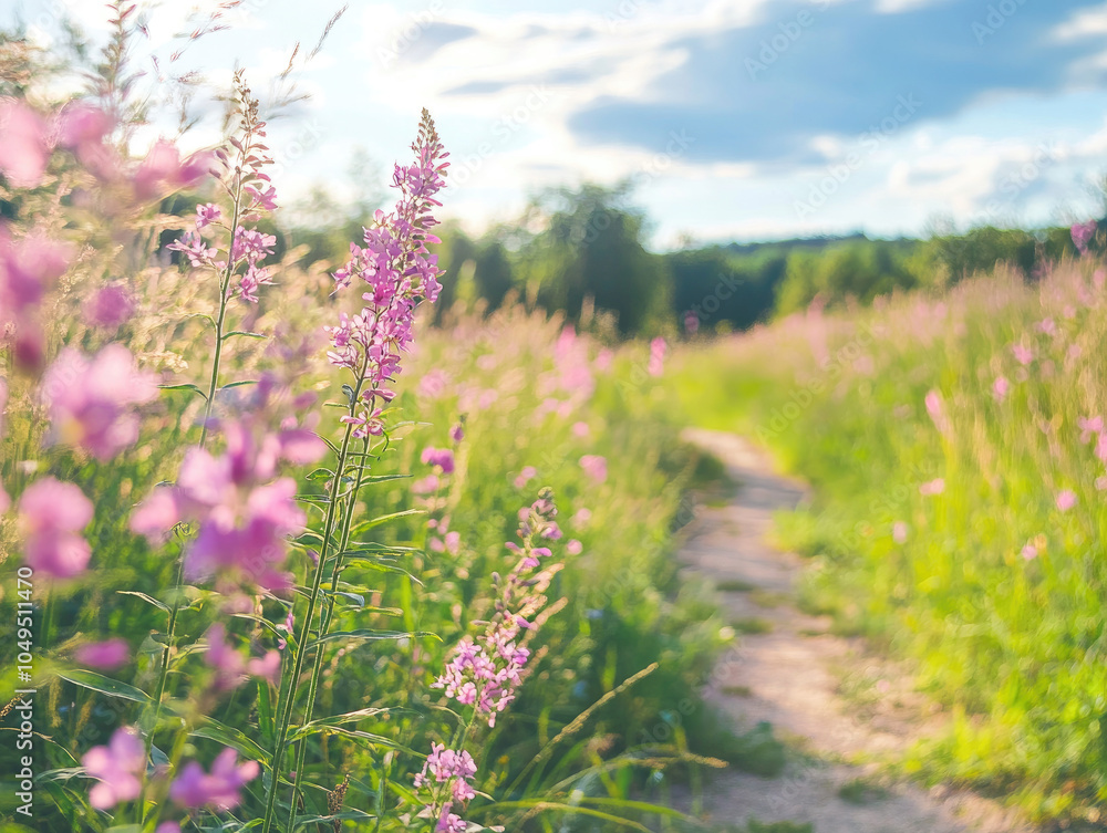 Obraz premium Meadow Path Background with Wildflowers
