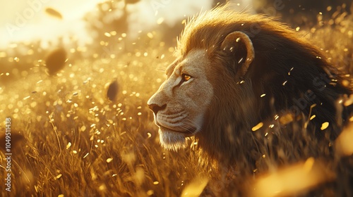 Lion in golden field at sunset photo