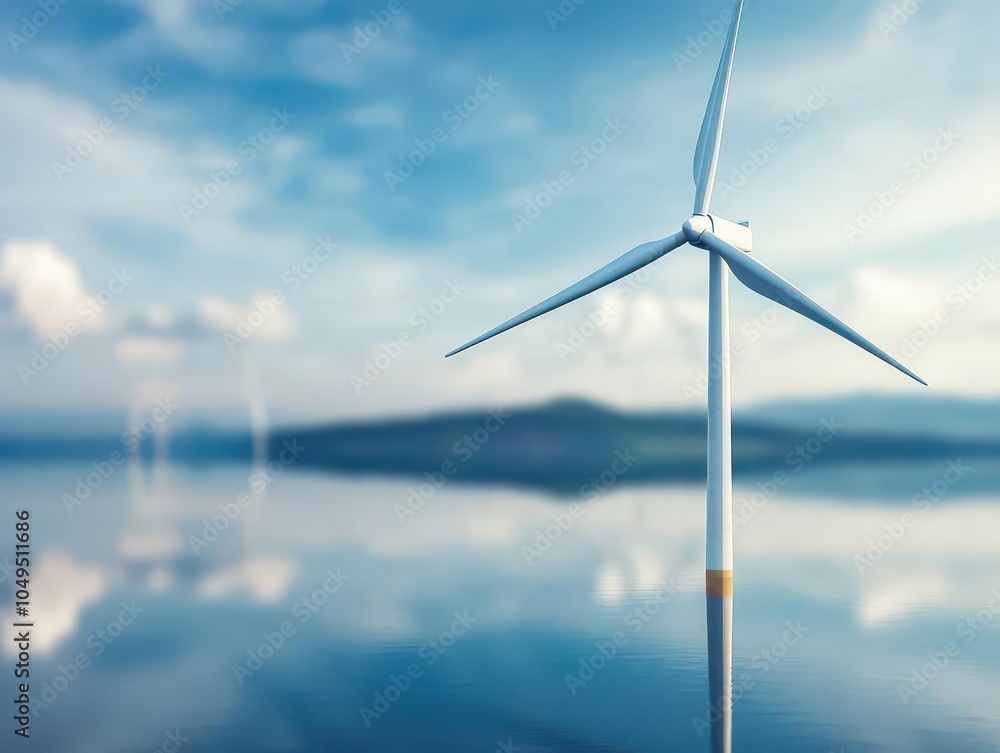 Fototapeta premium Wind turbines reflected on a calm lake, soft watercolor ripples blurring the image, illustrating peaceful coexistence between energy production and the environment