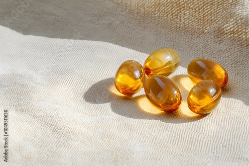 golden-colored fish oil softgels on a light beige background