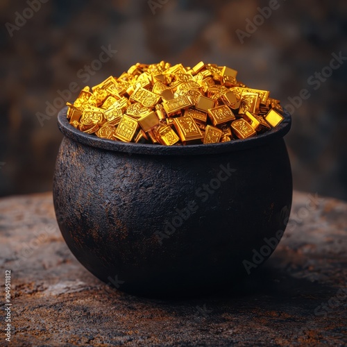 A pot filled with shiny golden chocolate coins on a rustic surface. photo