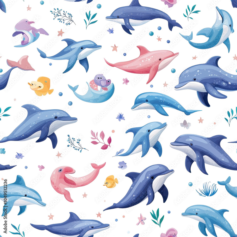 Flat style seamless pattern of dolphins, isolate on white background. PNG Flat style seamless pattern of dolphins, isolate on white background. PNG