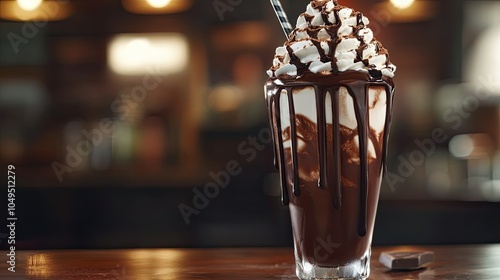 A tall, thick chocolate milkshake topped with whipped cream, drizzled with rich chocolate syrup