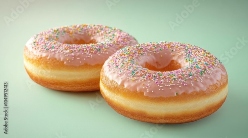 Two Delicious Donuts with Pink Frosting and Sprinkles on a Green Background