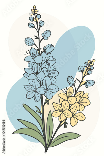 Delphinium Branch with Colorful Flowers and Artistic Color Blobs Vector Design