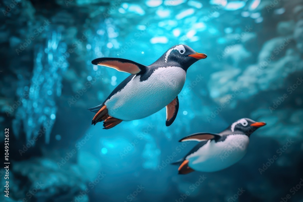Fototapeta premium Penguins gliding underwater in an icy cavern, Fantasy, Cool colors, 3D rendering, Ice formations with glowing blue lights