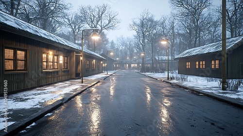 Serene winter evening in a quiet village surrounded by nature's calm and beautiful snowy landscape