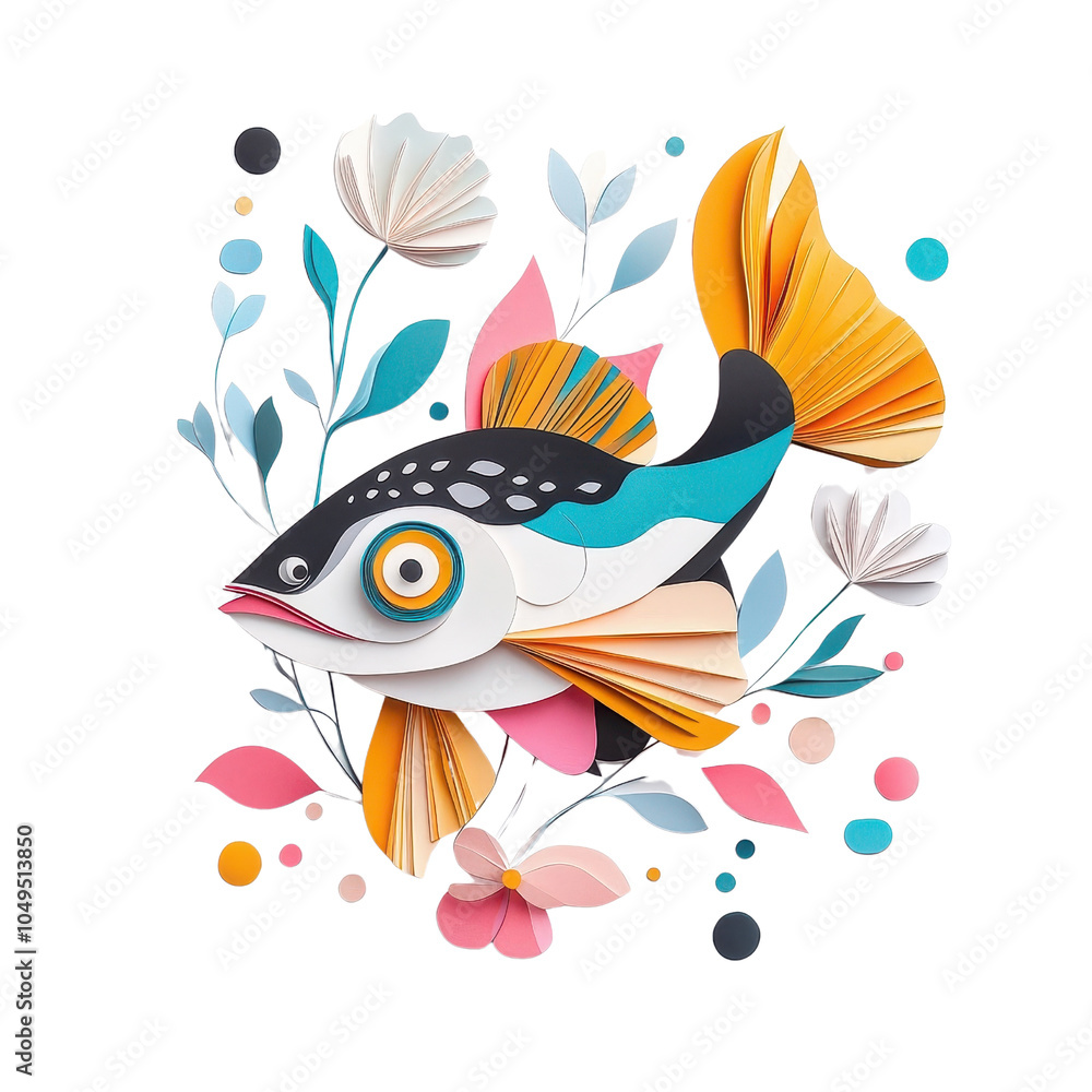 Fototapeta premium A multicolored paper art catfish, isolate on white background, showcasing creative texture and design. PNG