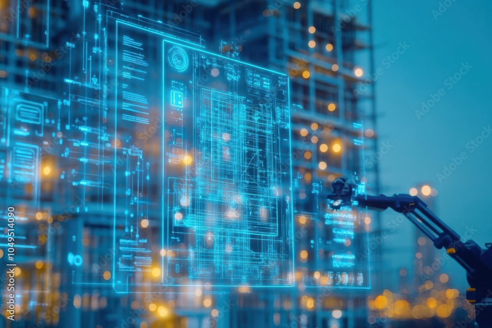 Obraz premium Engineers using holographic blueprints to guide robotic arms during the construction of a highrise building