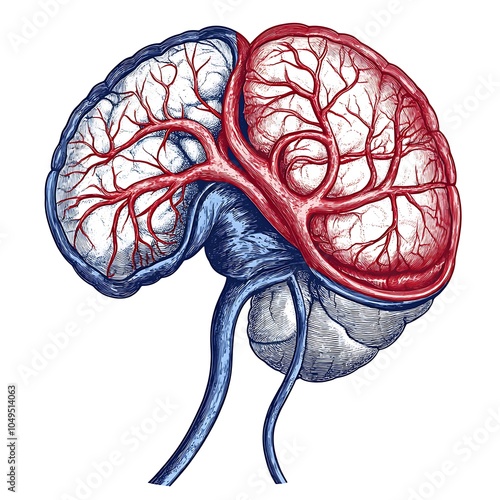 Dual-Toned Anatomical Brain Illustration with Vascular System in Red and Blue photo