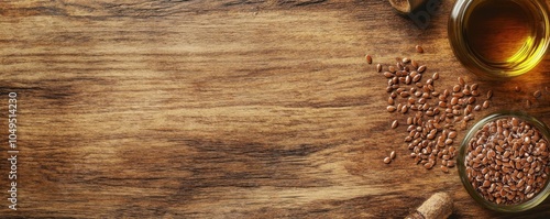 Front view flaxseed oil with seeds on wooden surface, skincare ingredient with text space