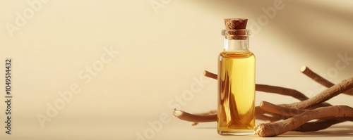 Front view licorice root oil bottle with roots on soft beige background, skincare ingredient with copy space photo