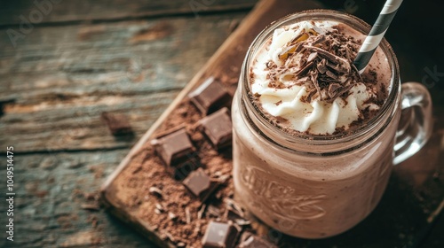 Chocolate milkshake in a mason jar with a thick layer of cream and a straw, perfect for summer