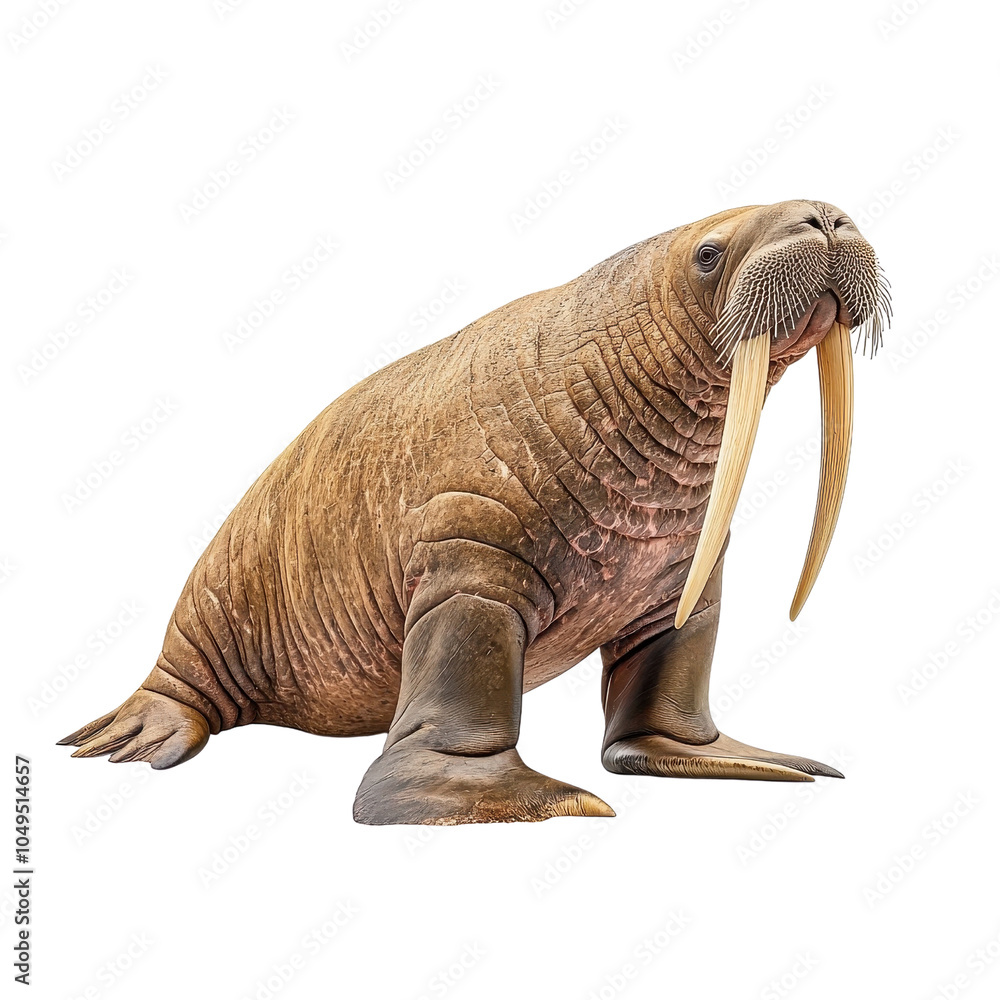 Fototapeta premium A walrus isolate on white background, showcasing its impressive tusks and whiskers in detail. PNG