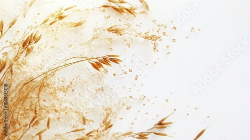 Top view rice bran water splash with bran on white surface, skincare banner with space for text