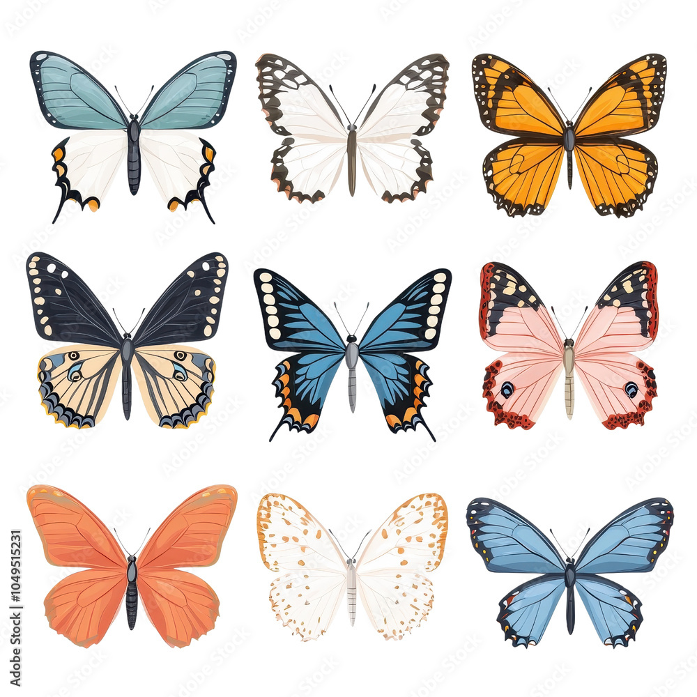 A flat style butterfly illustration, isolate on white background, featuring simple shapes and bright colors. PNG A flat style butterfly illustration, isolate on white background, featuring simple shapes and bright colors. PNG